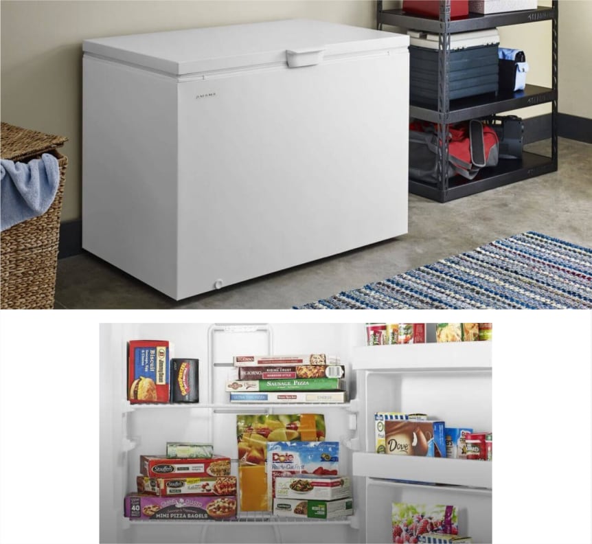 An Amana® freezer in a finished basement.