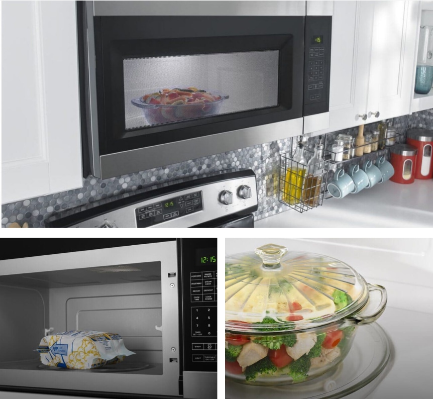 An Amana® microwave heating up food.